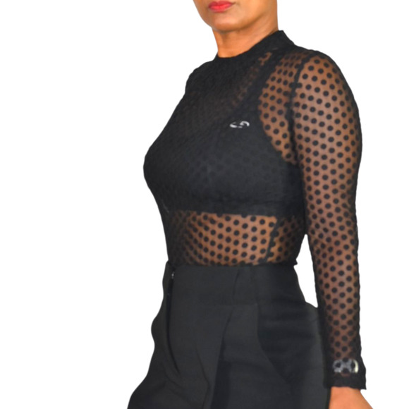 Windsor Sheer Bodysuit Black Flocked Polka Dot Mock Mesh Neck Long Sleeves Small - Picture 4 of 15